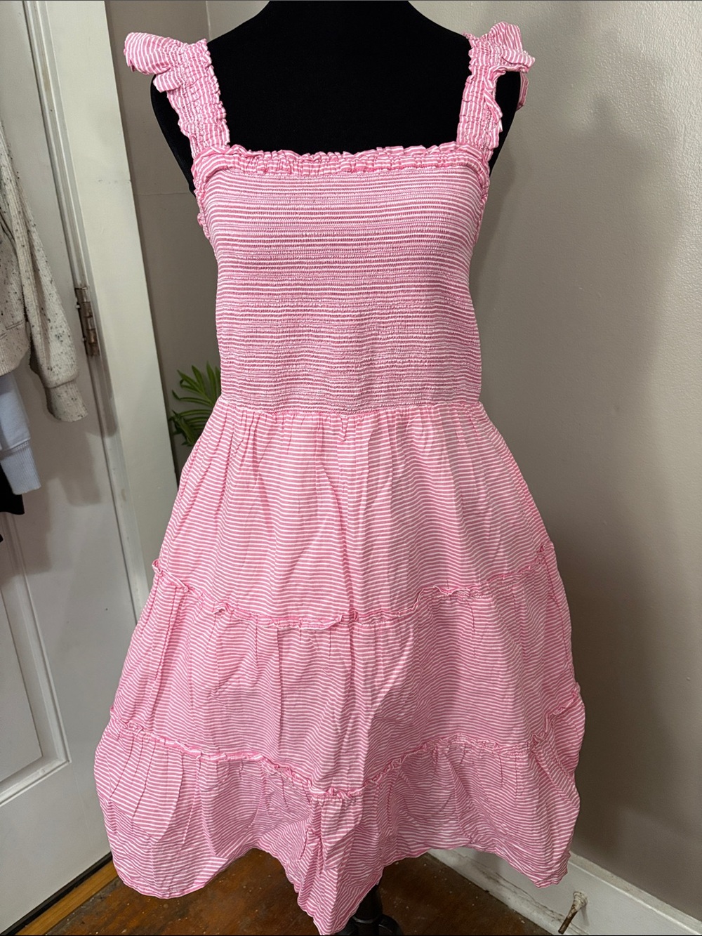 J.Crew Factory Pink & White Striped Smocked Tiered Mini Dress - Size Small